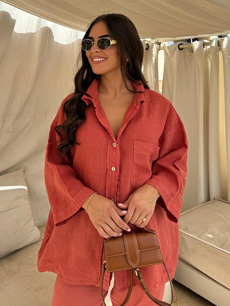 Vintage Solid Shirt Trousers Suit Women Single Breasted Long Sleeve Shirt Wide Leg Pants Summer Female Set