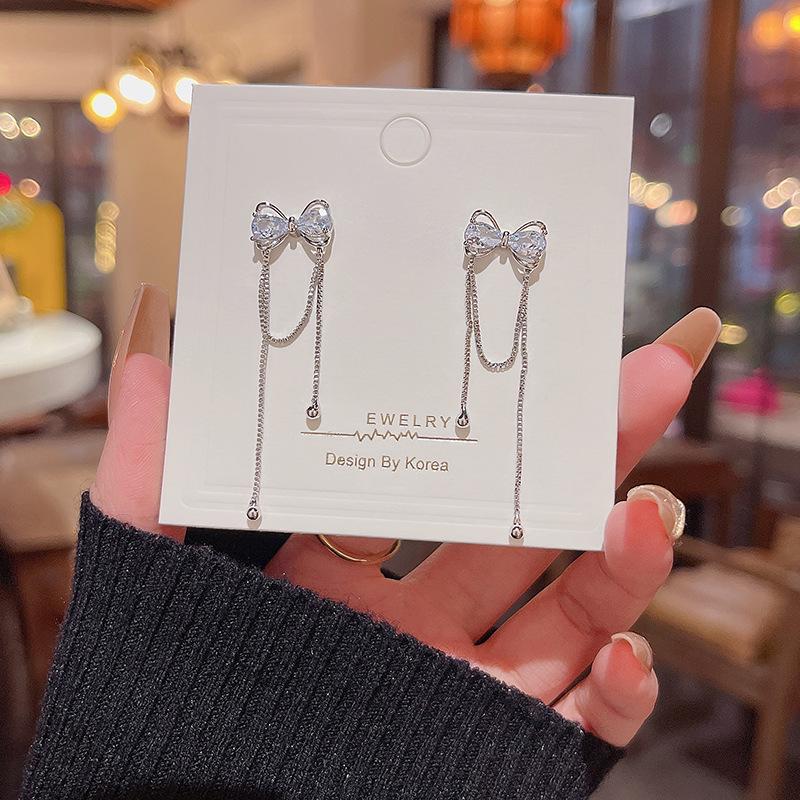 Zircon Bow Tassel Earrings: 925 Silver, Trendy, Versatile, Light Luxury