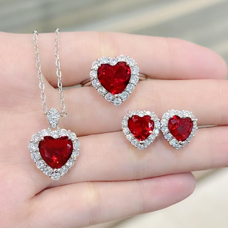 Elegant CZ Gemstone Pendant Necklace Set With Earrings Ring Women Blue Red Yellow Green Purple White Zircon Jewelry