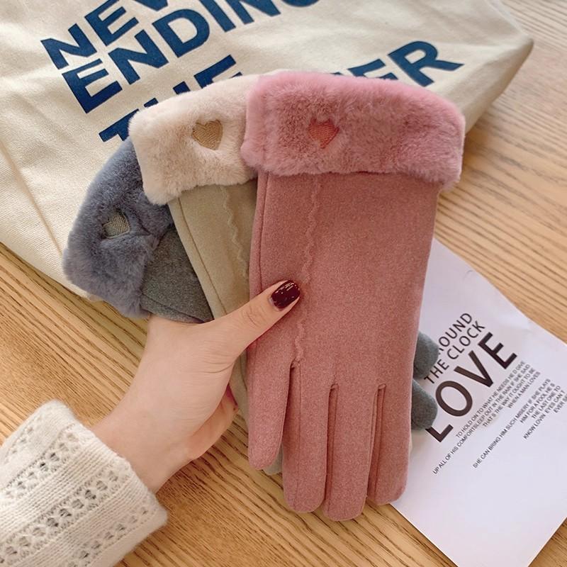 Gloves Women's Winter Warm Fleece Thickened Cute Riding Cold Wind Five-finger Touch Screen Plush Gloves
