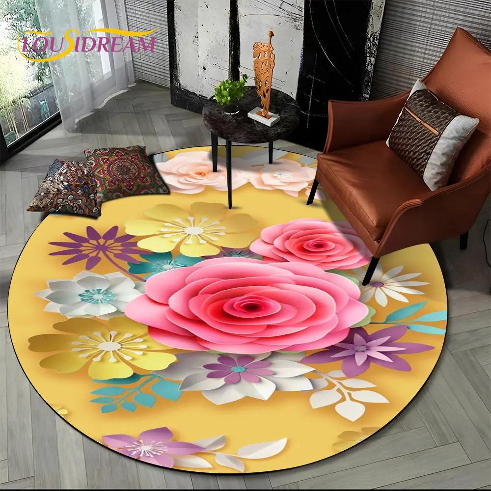 3D Daisy Nordic Flower Sunflower Round Area Rug,Carpet for Living Room Children's Bedroom Sofa Playroom Decor,Non-slip Floor Mat