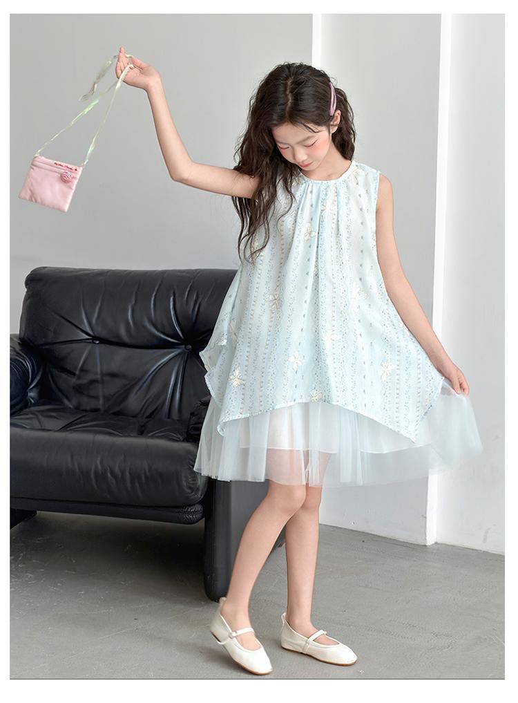Girls' summer chiffon children's summer sleeveless vest dress, blue embroidered bow mesh princess dress