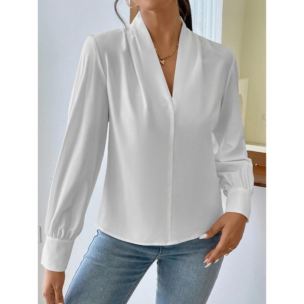 GMXIA Spring and Winter Long Sleeve Shirt Design Sense V-neck Solid Color Loose Top Autumn Shirt