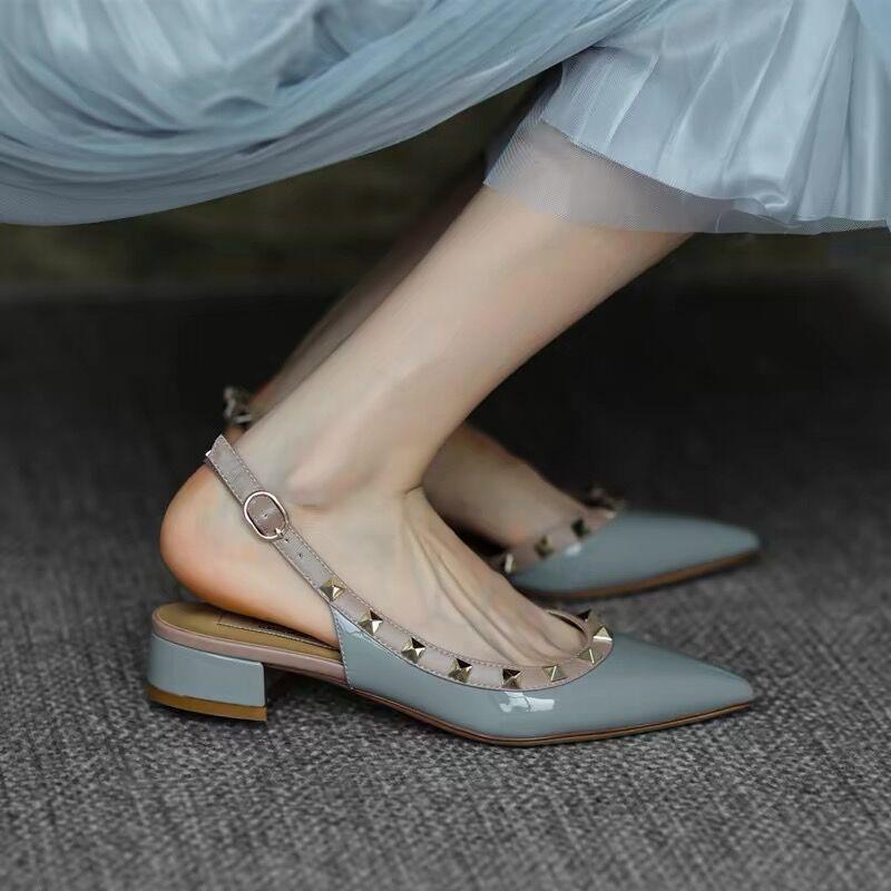 2024 Summer Mid-Heel Nude Pointed-Toe Studded Peep-Toe Chunky Heel Backless Sandals for Women