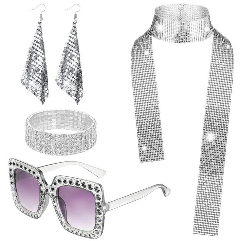 1970s Disco Costume Accessories, Bling Sunglasses Earrings Long Scarf Hat Headband Bracelet 70s Disco Fancy Dress Set