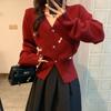 Women's Soft Pearl Knit V-Neck Cardigan: New Year Red with Waist-Cinching Bow