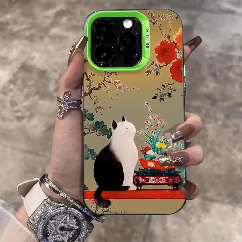 Elegant Chinese Garden Cat Ink Case For iPhone 17 Air 16 E 15 14 13 12 11 Pro Max 8 Plus X IMD Colored Silver Camera Frame Cover
