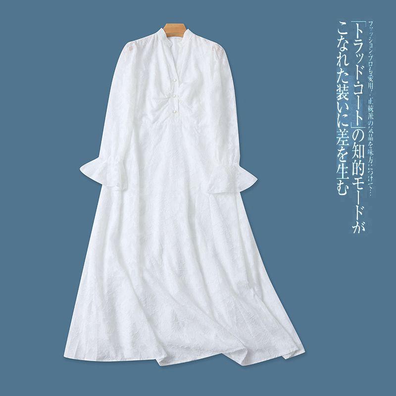 

Chiffon Jacquard Dress Spring and Summer New Foreign Trade Women clothes V-neck Button Pullover Long sleeve Slimming Midi dress 30844 White C-4-25-4 XS