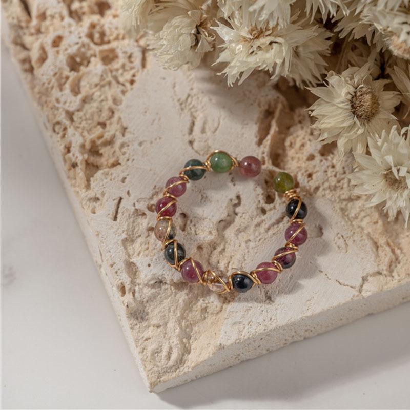 Natural Stone Rainbow Tourmaline Ring Fashion Retro Handmade Metal Wire Winding Beaded Open Adjustable Ring Female Charm Jewelry