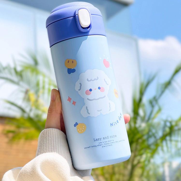 Ins Style Girly Heart Insulated Flask with Cute Bear Straw - Student Cartoon Pop-up Water Cup