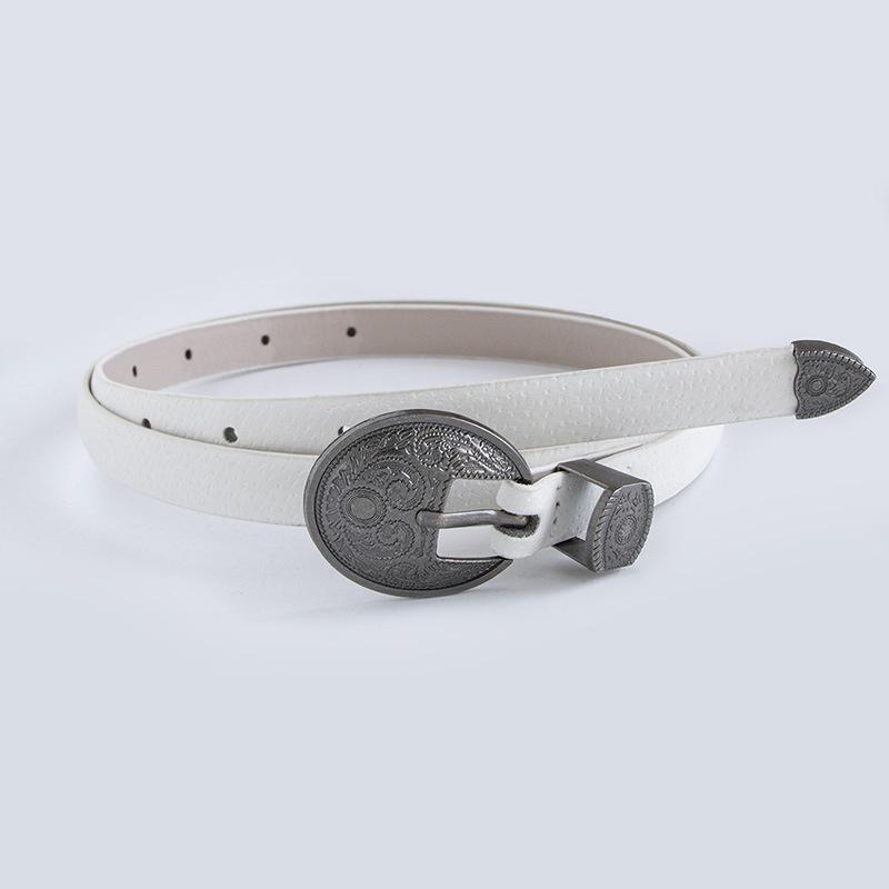 New Ladies' Retro Carved Ancient Silver Buckle Western Style Genuine Leather Thin Belt Pig Skin Peeled Versatile Fashion Belt