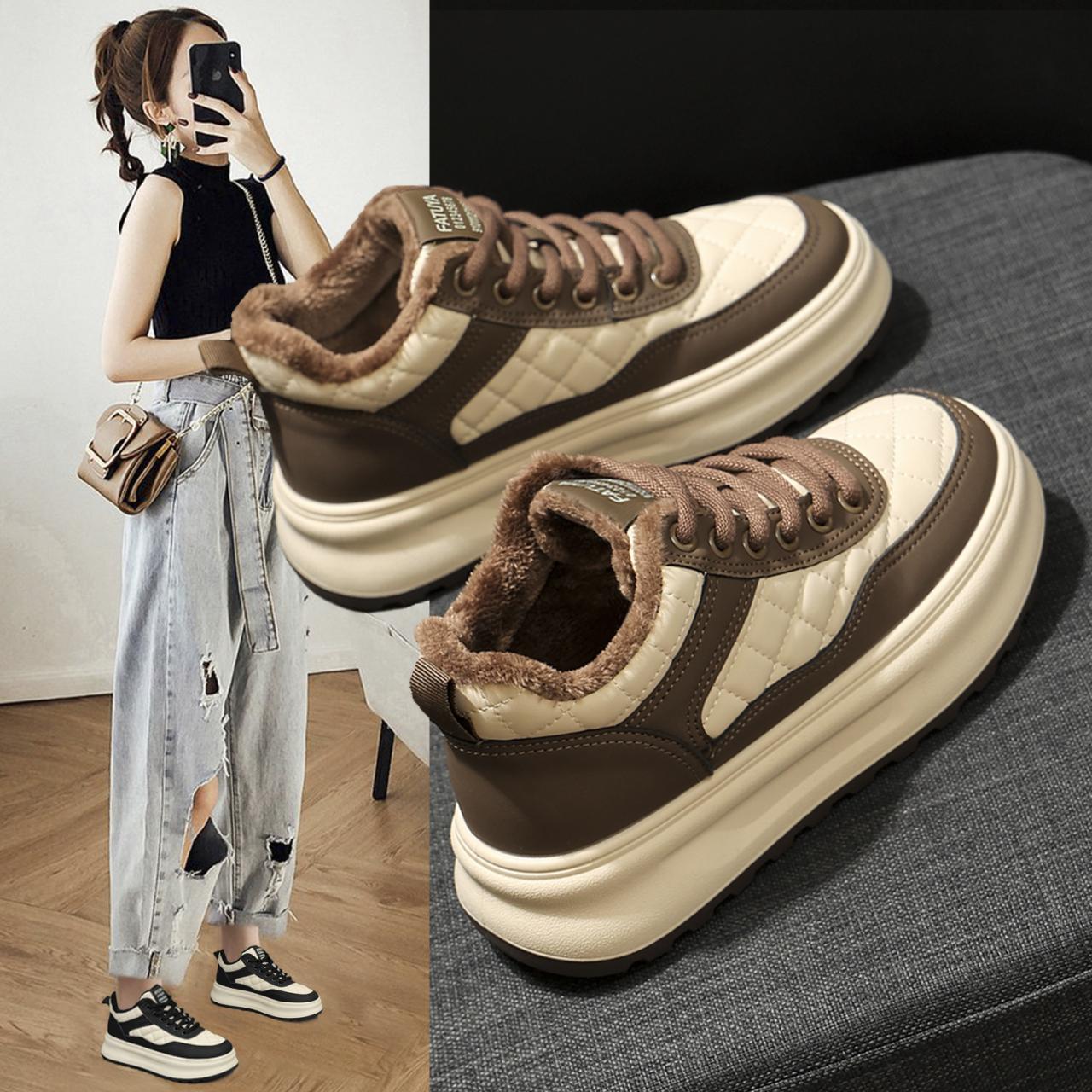 

Теплые высокие кеды на толстой подошве, женские, 2024, осень-зима, новые бархатные хлопковые ботинки, зимняя обувь 40 коричневый