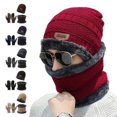 3 Pcs/Set Men Winter Hat Scarf Gloves Set Thick Knitted Soft Warm Elastic Colorful Ear Protection Five Fingers Windproof Winter Outdoor Cycling Cap