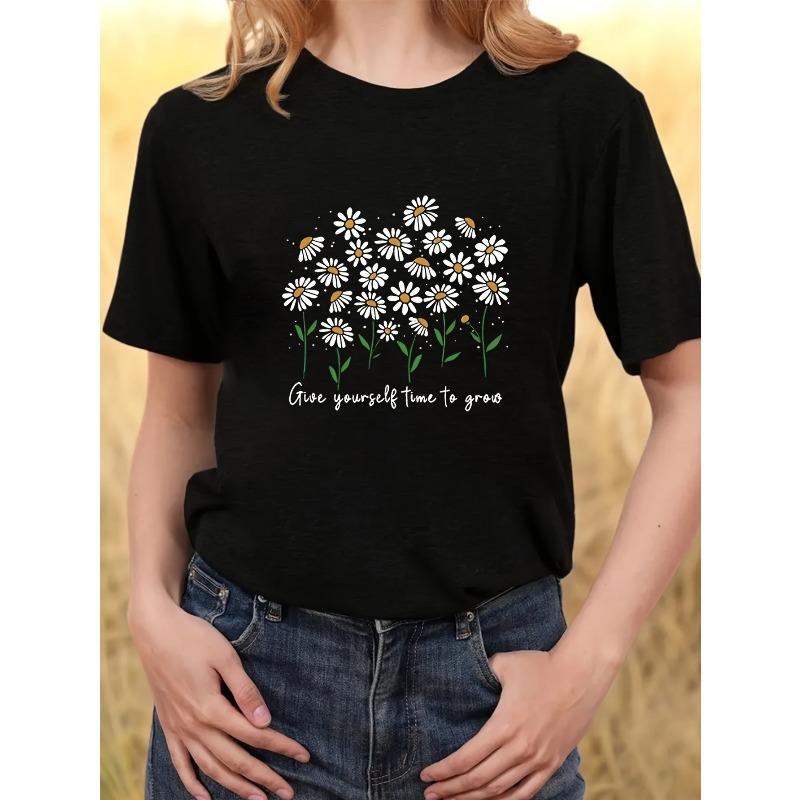 

New Summer Daisy Print T-Shirt for Women, Featuring a Easy Letter Design, Comfortable And Versatile S чёрный