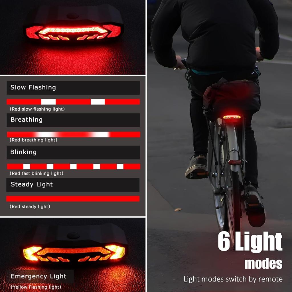 Luz Trasera Inteligente para Bicicleta con Portaequipajes, Intermitentes y Luz de Freno, Encendido/Apagado Automático, Recargable por USB, Control Remoto Inalámbrico, Bocina de Bicicleta, Alarma, Luz Trasera para Bicicleta