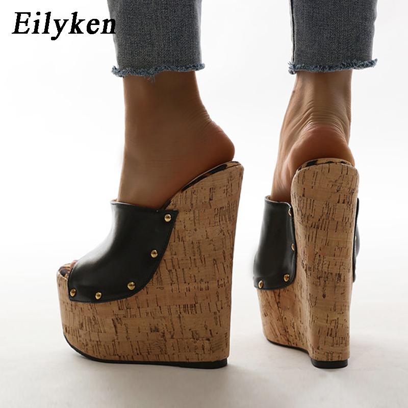 Rivet Peep Toe Platform Wedge Slippers Black Summer Shoes Woman Sexy Super High Heels Mules Sandal Size 35-42
