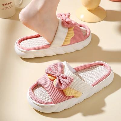 Lniane kapcie damskie kapcie wygodne antypoślizgowe domowe bawełniane buty śliczne Bowknot płaski pantofel pary slajdy wiosna lato