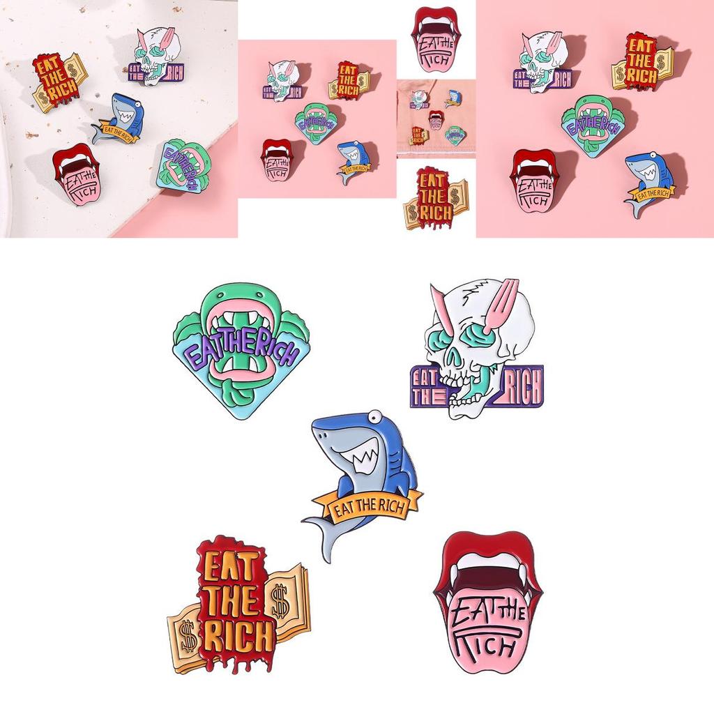 Adorable Cartoon Shark Skull Metal Brooch Featuring Cute Lips Design For Fashionable Accessories