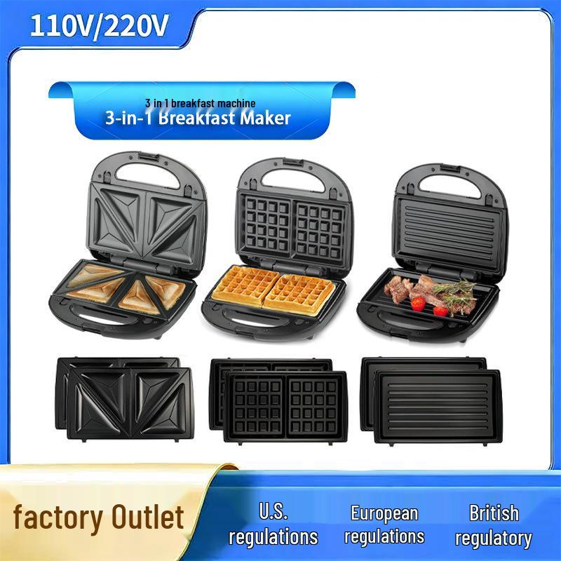 3-in-1 Non-stick Sandwich, Waffle, and Grill Maker with Detachable Plates