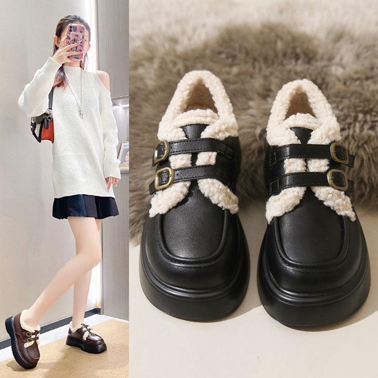 Fleece Britisk stil små skinnsko dame høst og vinter nye fluffy snøstøvler tykksålede varme bomullssko