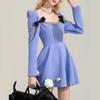 Chic Blue Retro French Square Neck Puff Sleeve Dress with Bow, 2024 Spring/Autumn.