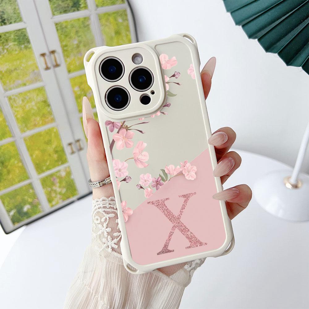 Pink Letter Peach Blossom Flower For Iphone 17 16 15 14 12 Phone Case Four Corner Anti Fall Protection Portable Hanging Rope