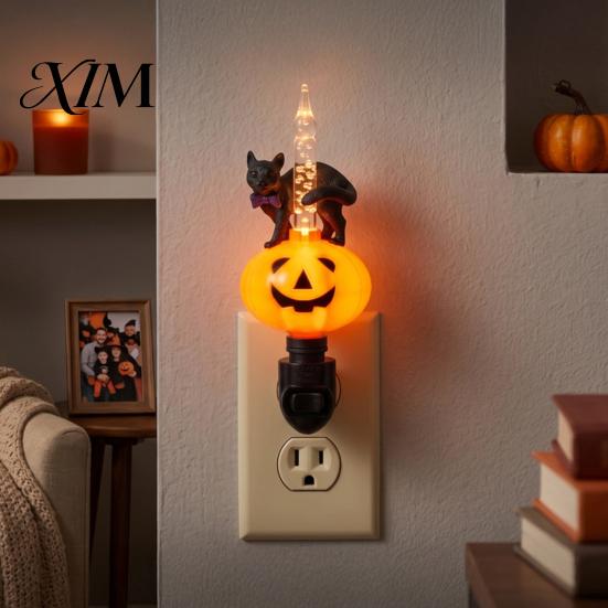 Decorative Night Lamp Black Cat Pumpkin Light for Halloween, LED Light-up Glowing Ambient Plug-in Lamp, Holiday Party Decor Warm Glow