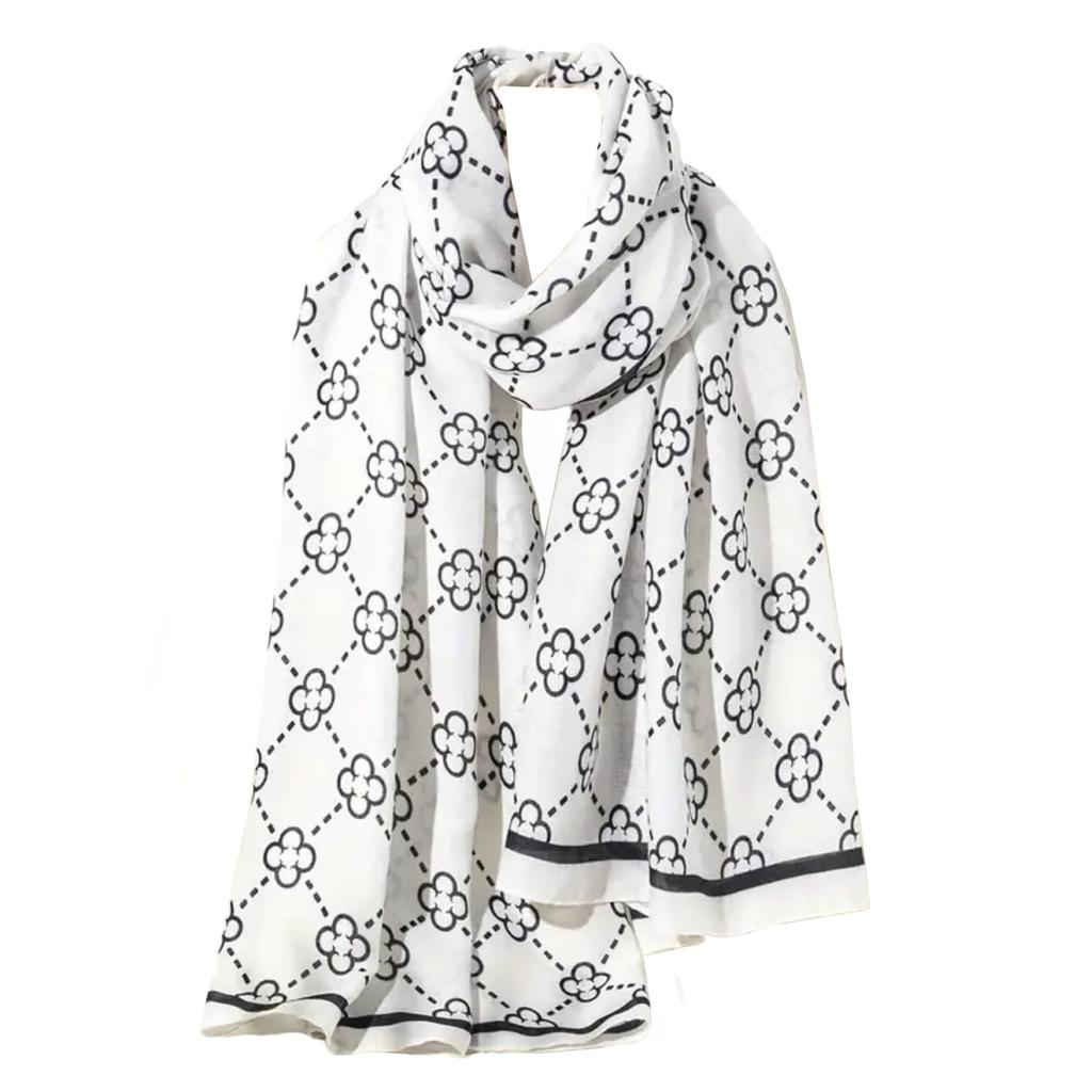 Lucky Clover Viscose Scarf 180x85cm White with Black Clovers