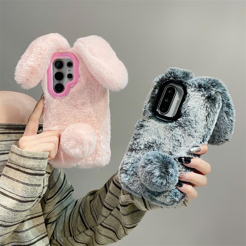 Luxury 3D Rabbit Ears Warm Furry Plush Phone Case For Samsung Galaxy S23 S24 S25 S26 Ultra Plus A56 A54 A55 A36 Shockproof Cover Camera Frame Stand
