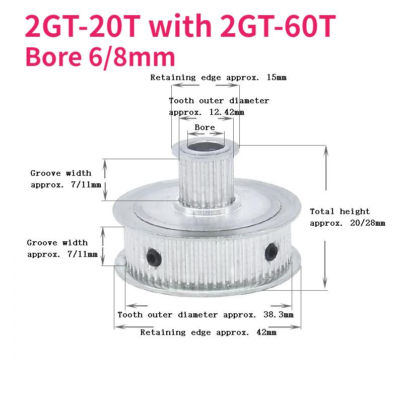 1pcs 2GT Timing Pulley Bore 6/8mm Double Side Gear GT2 20T-60T 1:3 Synchronous Wheels 3D Printer for Belt width 6/10mm 7mm