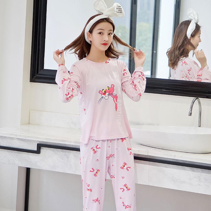 Women Autumn Winter Long-sleeved Cartoon Pajamas Set 2024 New Round Neck Cute Solid Color Pullover Sleepwear Clothes Set