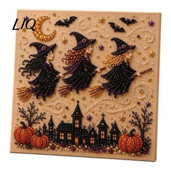 Easy DIY Faux Pearl Painting Projects Halloween Art Kit, Witch Ghost Bead Kits Spooky Pumpkin Diamond Craft Set for Adults, Handmade Wall Decor Crafts