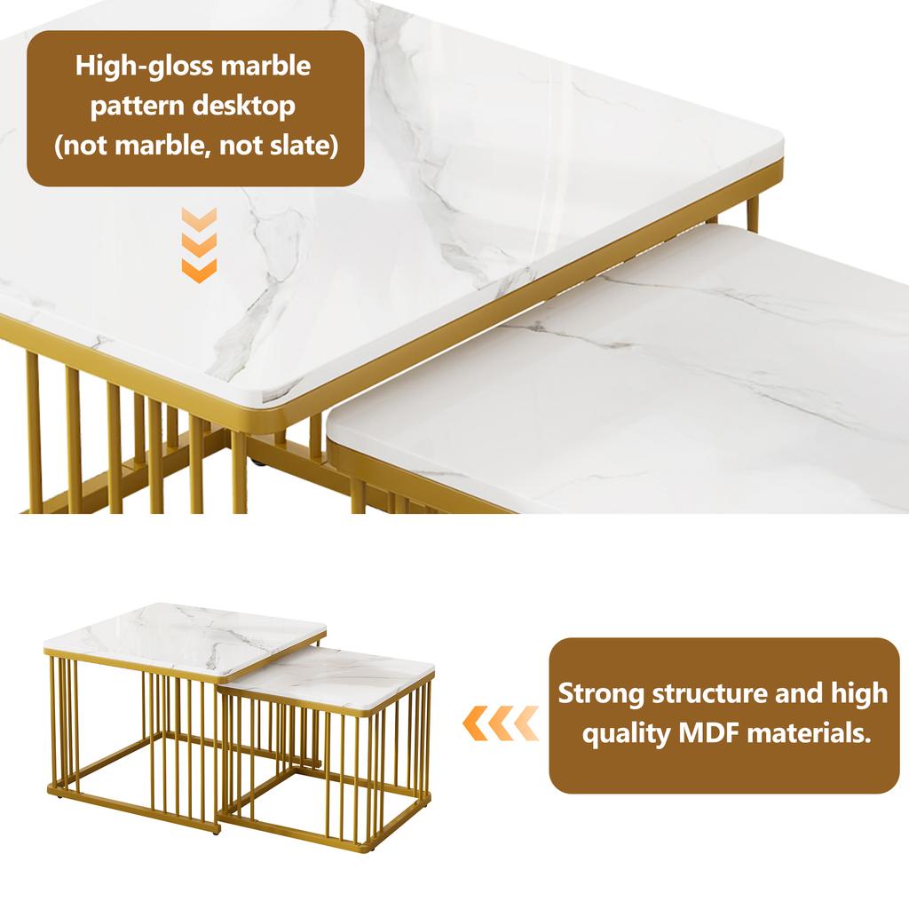 2-teiliges Set quadratische Hochglanz-Marmoroptik Kaffeetische, Stapeltische mit goldenen Beinen, 60*60*45cm und 45*45*40cm, Vielseitig