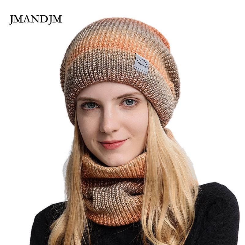 Hat Autumn and Winter Korean Version Gradual Change Color Wool Hat Thickened Warm Ear Protection Cold Knitted Hat Two-piece Set