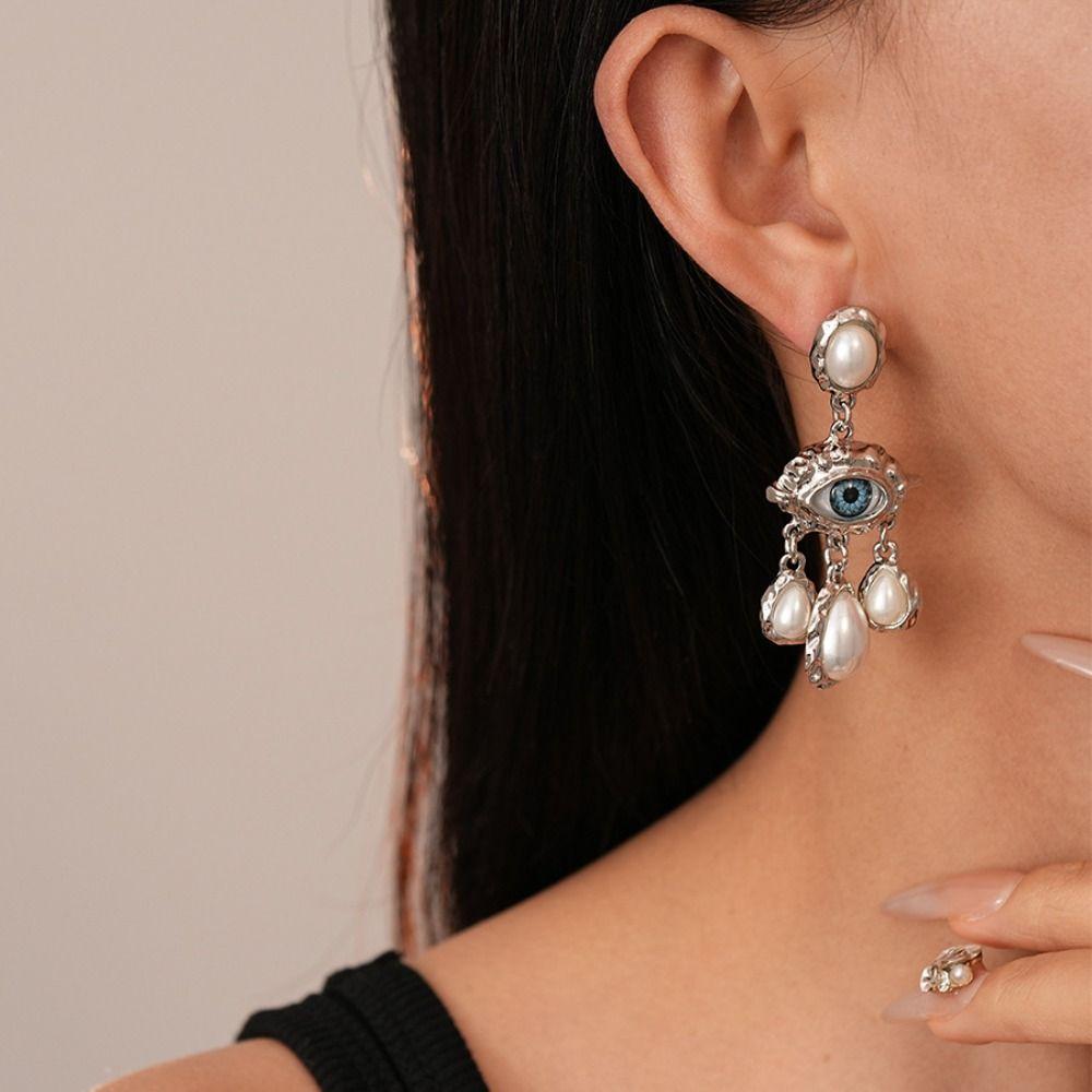 Long Tassel Devil Eye Earrings Vintage Exaggerate Earring Retro Pearl Drop Earrings Women
