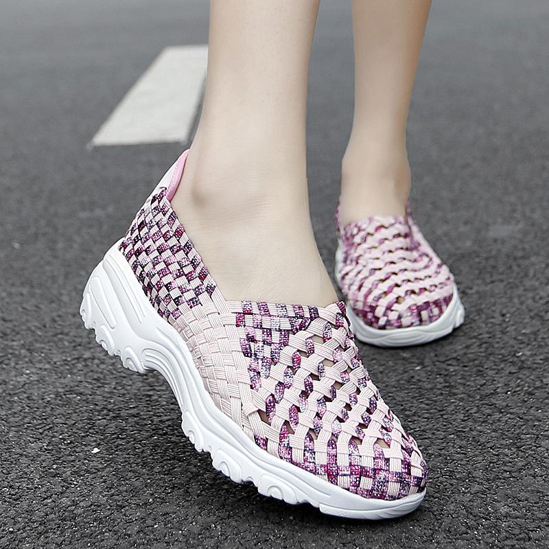 Summer Moccasin Pink Beach Shoes Women Multicolor Casual Weave Slip on Braided Elevator Sneakers Plus Size