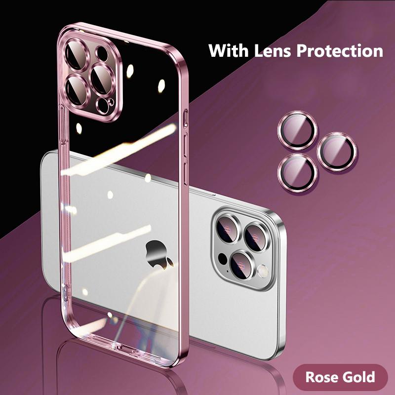 Plating Transparent Silicone Case For IPhone 15 14 Plus 13 11 12 15 Pro Max Mini XR X XS 7 8 SE Lens Shockproof Acrylic Cover