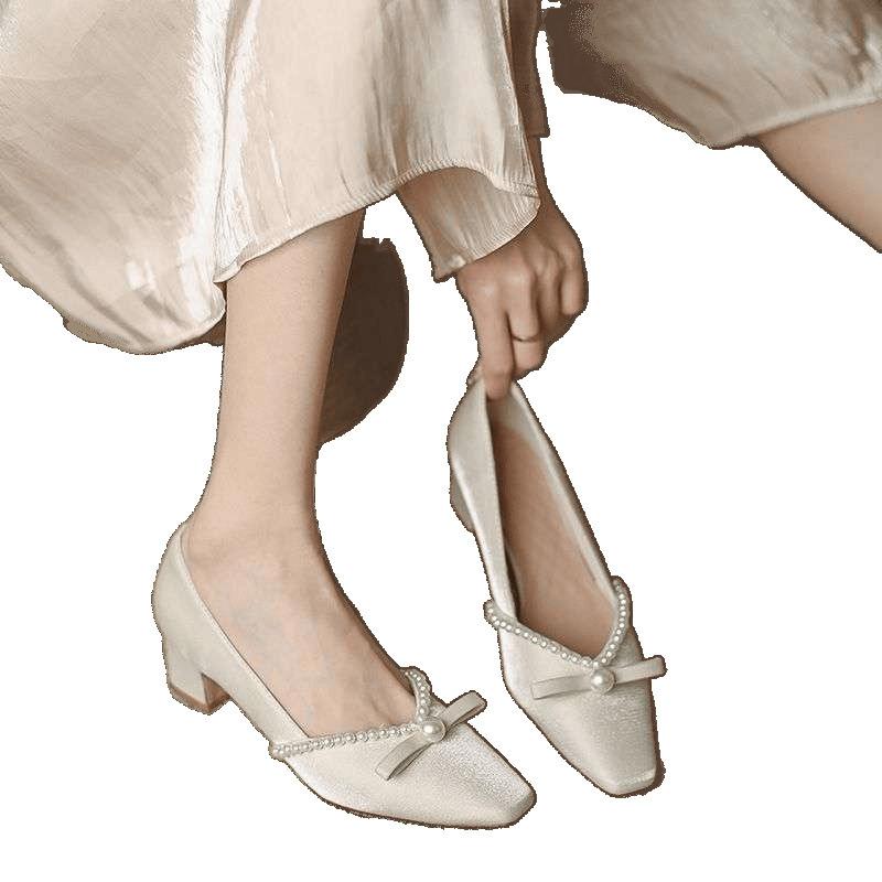 Middle Heel Crystal Xiuhe Wedding Shoes Women's Pearl New Thick Heel Single Shoes Small Fragrant French Dress High Heels Spring and Autumn Models