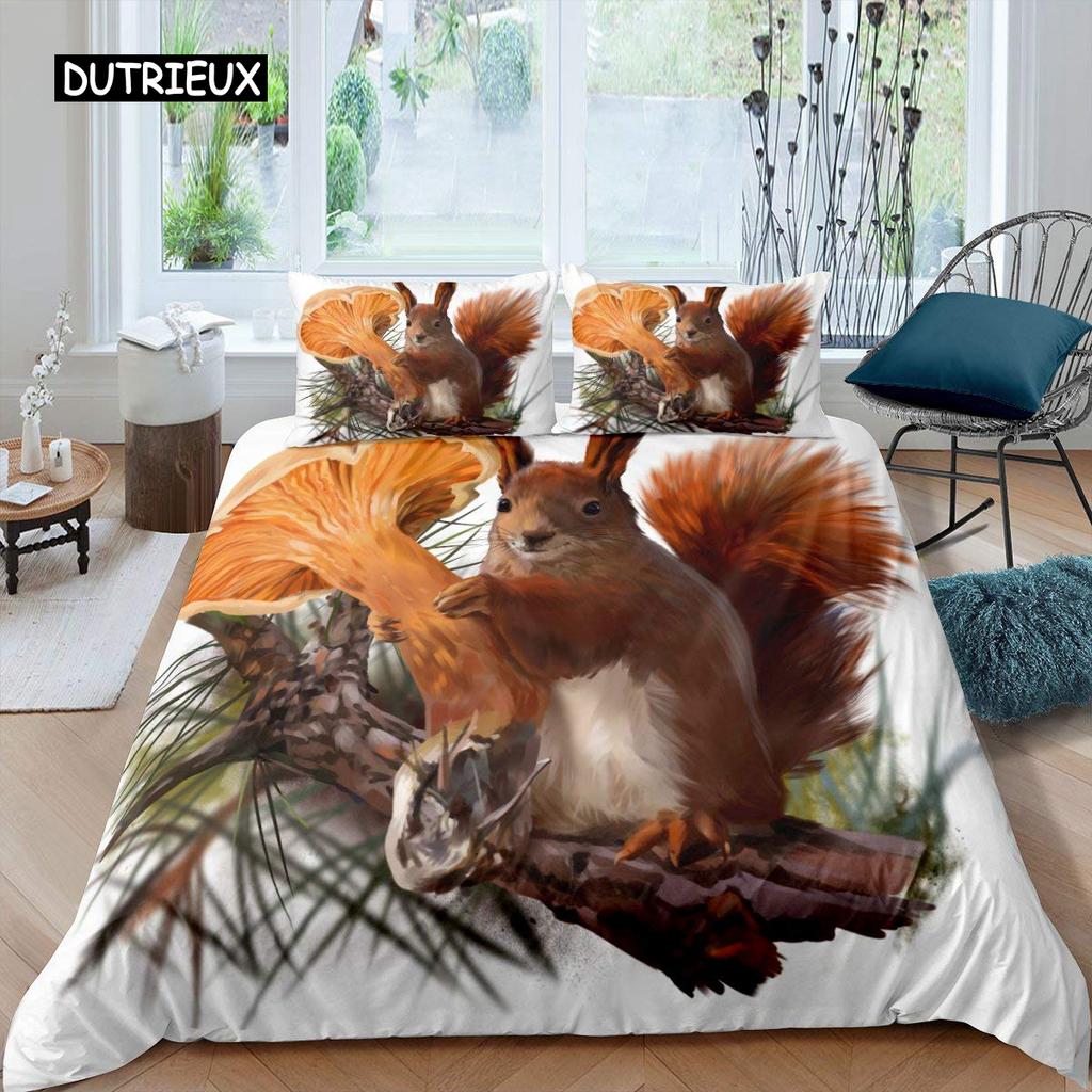 Eichhörnchen-Bettbezug-Set, süßes Eichhörnchen-Bettwäsche-Set für Einzelbetten, 3D-Tier-Bettbezug, Naturthema, Kingsize-Bettbezug aus Polyester