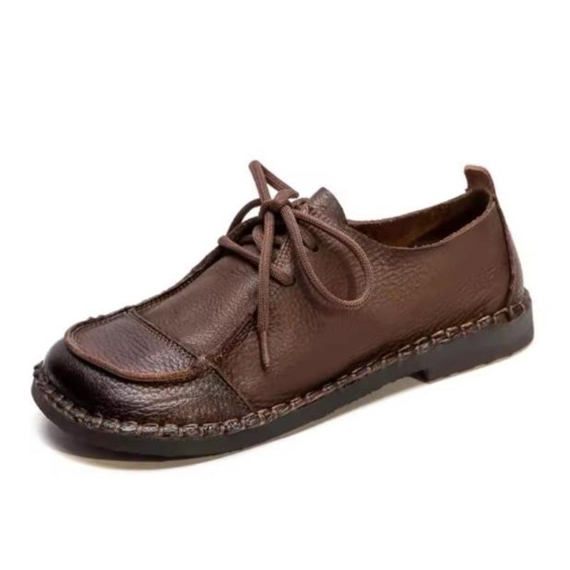 High Quality 2CM 2025 Spring New Soft Leather Soft Sole Vintage Style Single Shoe Front Lace Casual Comfortable Women's Shoe