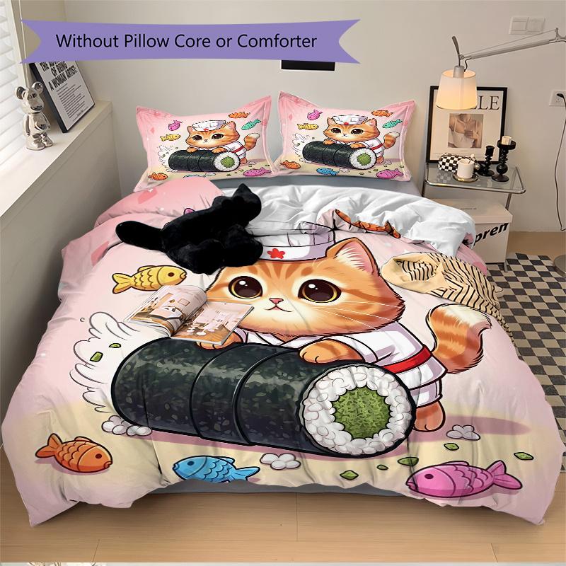 3pcs Kitten Making Sushi Print Bedding Set (1 Cover + 2 Pillowcases, Without Inserts), This Printed Bedding Set Is Soft and Comfortable, Suitable