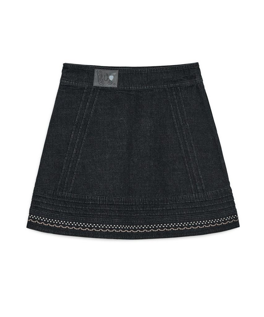 Hug Your Skin Denim Needlework Midi Skirt (Black)