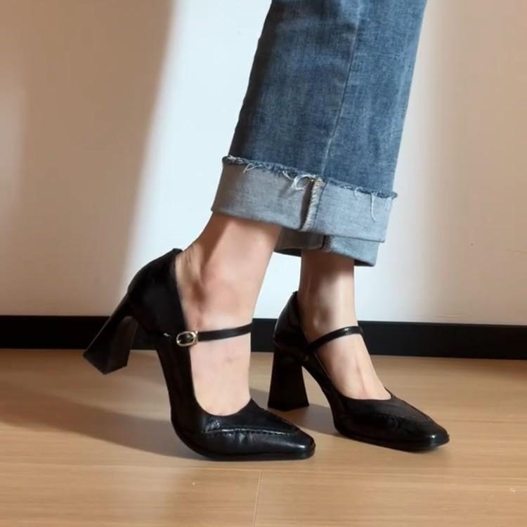 

Овчина слово с толстым каблуком Мэри Джейн женские ретро туфли на высоком каблуке рабочие туфли с мелким вырезом квадратный носок одинарные туфли женские 40 чёрный