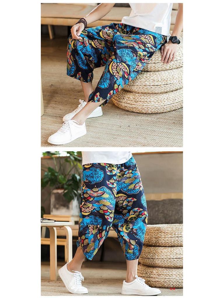 Men's Loose Linen Beach Pants, Wide-Leg 7-Point Harem, Casual Thai-Style Cotton Blend