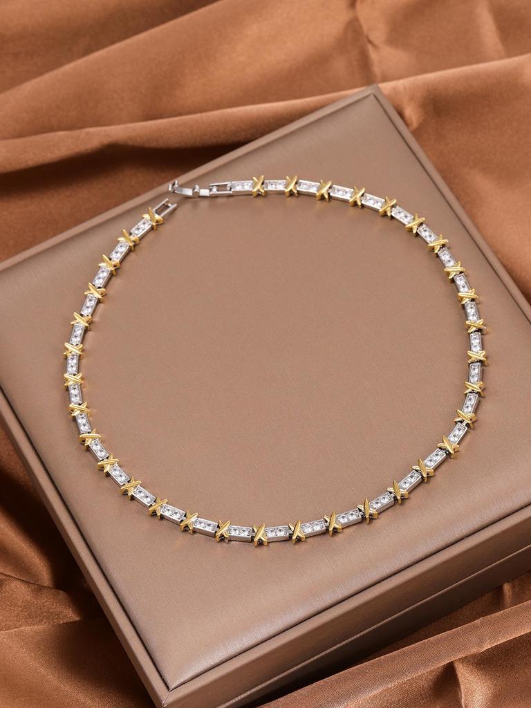 Two-Tone Gold & Silver T-Style Necklace Set with Cubic Zirconia and Design Accent X Clavicle Chain