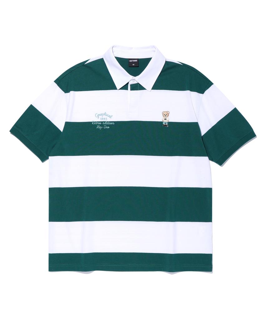 DISTN9NE Striped Retro Bear Collared Short Sleeve Tee Green (Lo2Tu342-045)