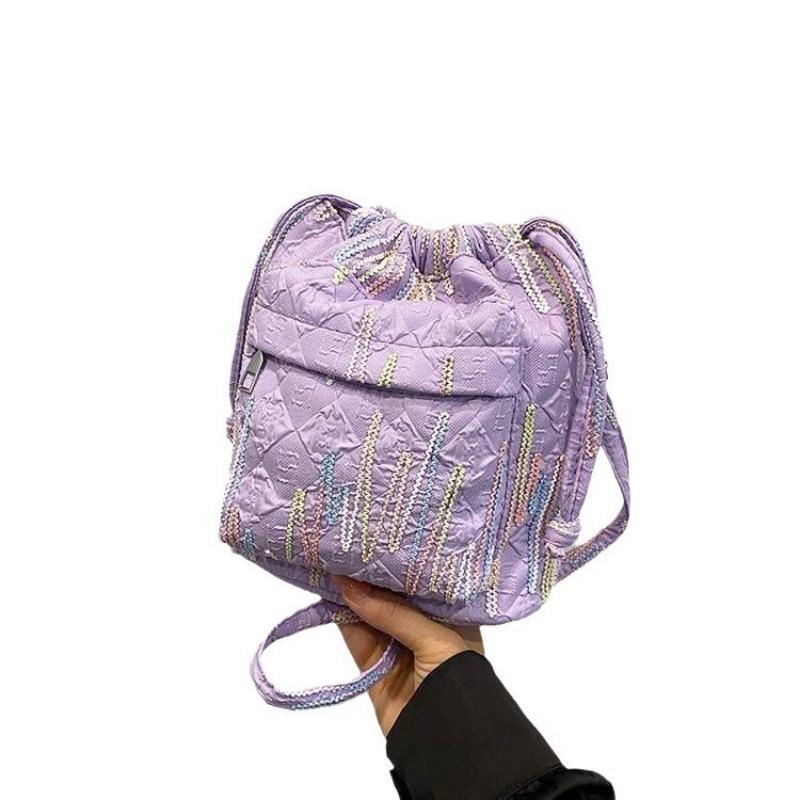 Fashion Rainbow Stripes Embroidery Pleated Bucket Bag Chain Single Shoulder Crossbody Bag Bag