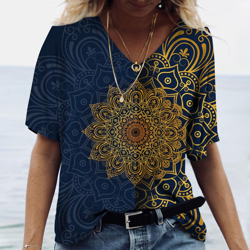 

Vintage Casual Black Fashion V Neck Pullover Short Sleeve Printed Loose Daily Tops Design 2025 Summer 3xl Women s T-Shirt XXL