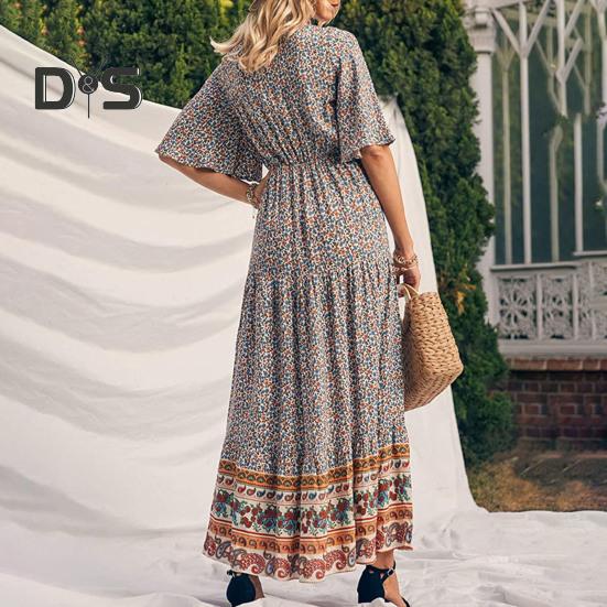 Dámské šaty Etnický bohémský styl Potisk Výstřih do V Krátké rukávy Pružný pas Skládaný Patchwork Maxi šaty A-line Letní dovolená Plážové šaty