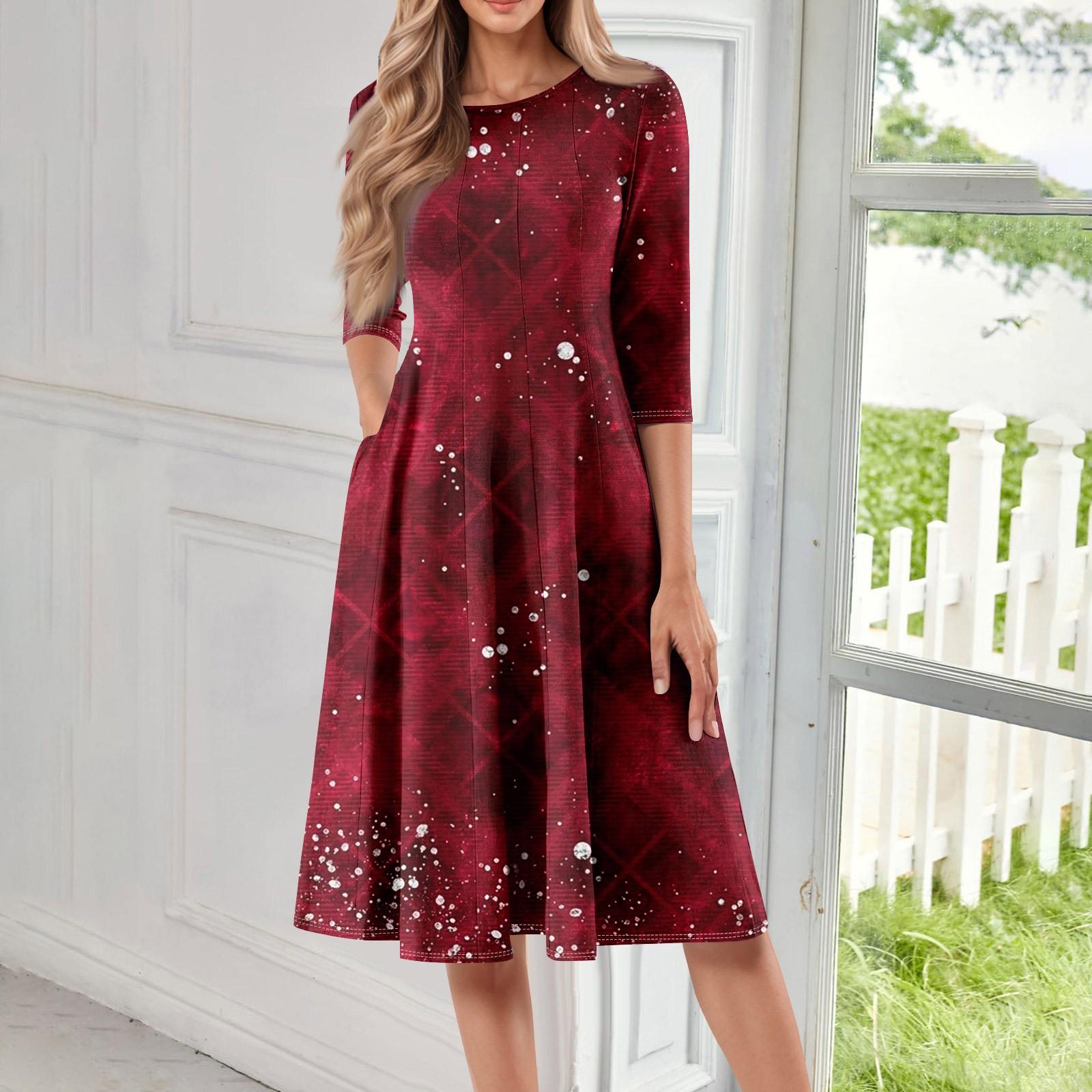 

Женское повседневное модное миди-платье с круглым вырезом, рукавом три четверти и принтом на Хэллоуин M винный